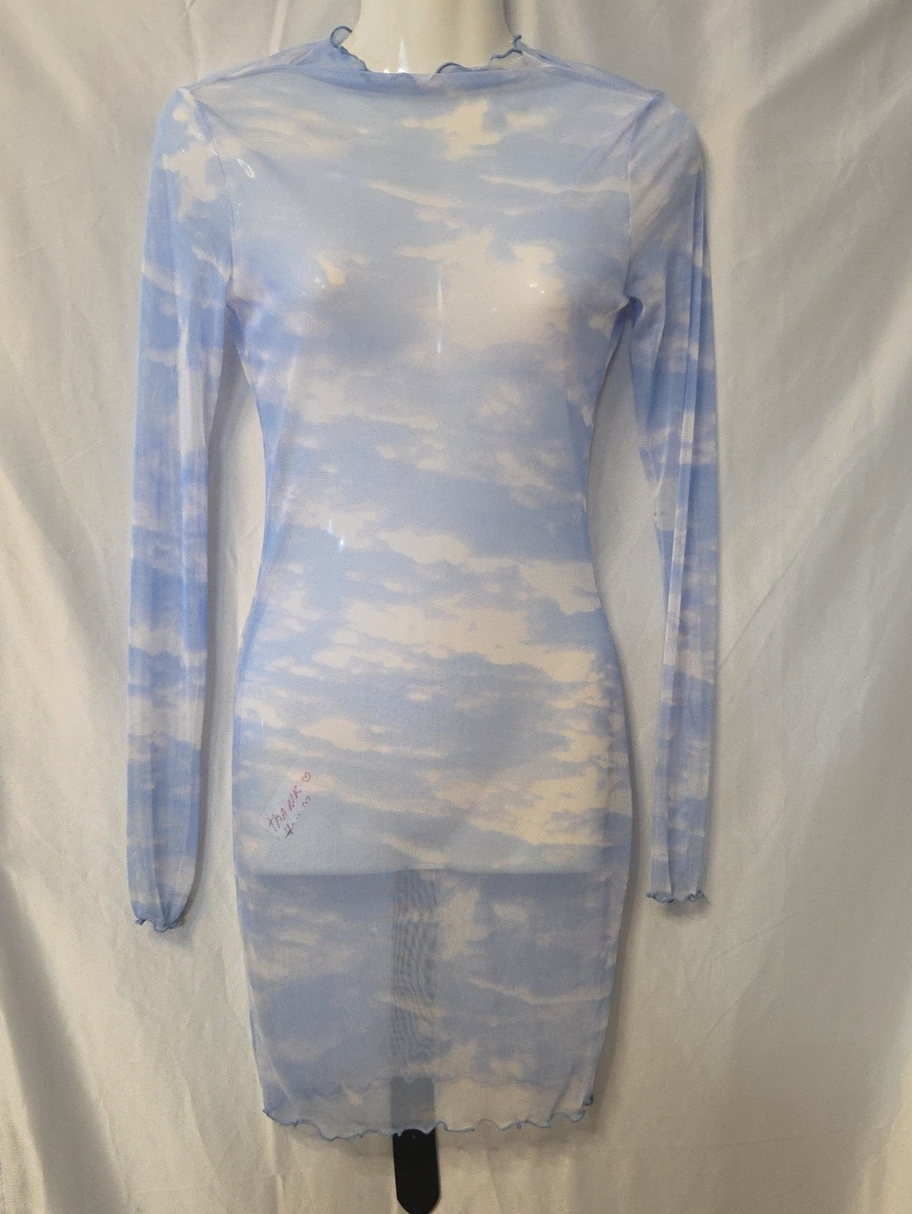 Forever 21 Sky-Print Long-Sleeve Sheer Dress - Light Blue & White Small Sz.